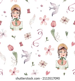  Jane Austen Watercolor Pattern, Hand Drawn Illustration