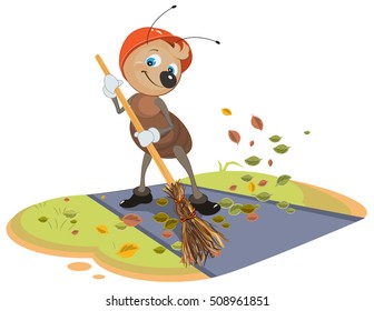 Janitor Ant Sweeps Broom Fallen Leaves From Footpath. Isolated On White Cartoon Illustration