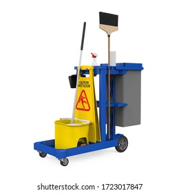 Janitor Cart With Cleaning Supplies Isolated. 3D Rendering