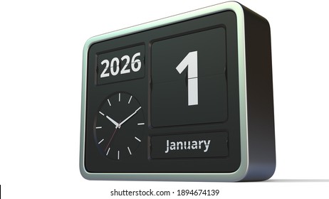 January 1, 2026 Date On The Flip Clock Calendar,  Animation 3D Rendering