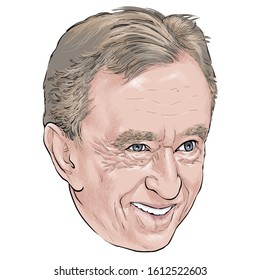 January 12, 2020 Caricature Of Bernard Arnault, Investor, Businessman Millionaire Portrait Drawing Illustration.