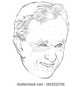 January 12, 2020 Caricature Of Bernard Arnault, Investor, Businessman Millionaire Portrait Drawing Illustration.