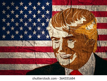 January 18, 2016: An illustration of a portrait of Republican Presidential Candidate Donald Trump on national flag background textured by concrete wall surface