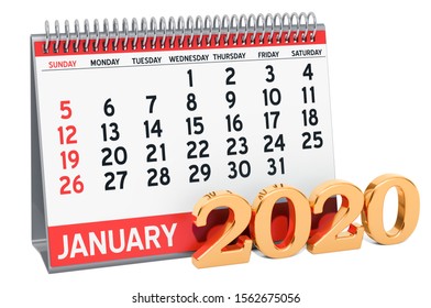 January 2020 Desk Calendar, 3D Rendering Isolated On White Background