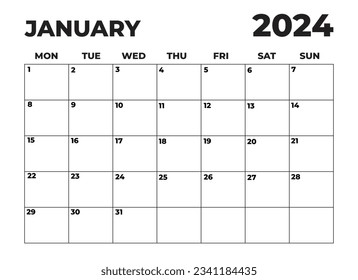 January 2024 Black and White Monday Start Landscaped Monthly Planner, Monday Start Calendar 2024, Landscape Organizer, 2024 Monthly Event Planner, 2024 Editable Monday Start Calendar - Powered by Shutterstock