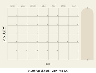 January 2025 calendar and monthly planner, layout featuring a grid format for productivity and organization - Powered by Shutterstock