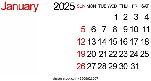 January 2025 calendar page with copy space. Horizontal calendar template. New year start. - Powered by Shutterstock