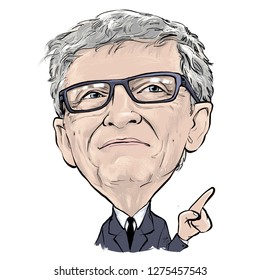 January 6 , 2019 Caricature of Bill Gates  Somalia businessman Millionaire Portrait Drawing Illustration.