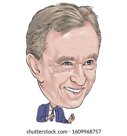 January 9, 2020 Caricature Of Bernard Arnault, Investor, Businessman Millionaire Portrait Drawing Illustration.