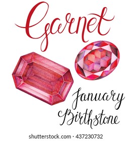January birthstone Garnet isolated on white background. Close up illustration of gems drawn by hand with colored pencils. Realistic faceted stones.