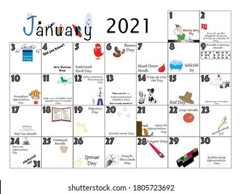 January monthly calendar illustrated and annotated with daily Quirky Holidays and Unusual Celebrations with Sunday start week.