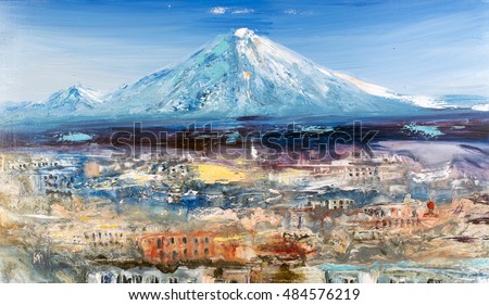 Japan, city near the volcano, mountain chain peak landscape, oil on canvas, watercolor painting, modern contemporary art