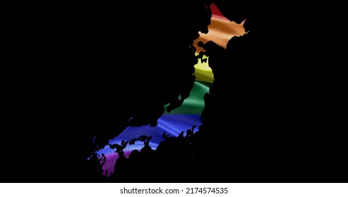 Japan Country Territory Outline Shape With LGBT Rainbow Flag On Black Background. 3D Illustration