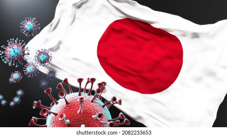 Japan And The Covid Pandemic - Corona Virus Attacking National Flag Of Japan To Symbolize The Fight, Struggle And The Virus Presence In This Country, 3d Illustration