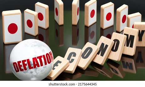 Japan And Deflation, Economy And Domino Effect - Chain Reaction In Japan Economy Set Off By Deflation Causing An Inevitable Crash And Collapse - Falling Economy Blocks And Japan Flag, 3d Illustration