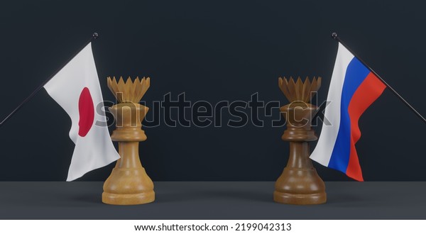 Japan flag and Russia flag and chess king on\
chessboard, Japan vs Russia countries political conflict and war\
concept, 3D work and 3D\
image