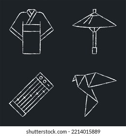 Japan National Symbols Chalkboard Icon Set. Traditional Umbrella, Japanese Origami, Kimono And Koto Musical Instrument.