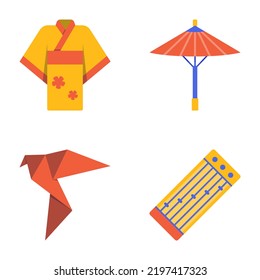 Japan National Symbols Icon Set In Flat Style. Traditional Umbrella, Japanese Origami, Kimono And Koto Musical Instrument.