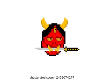 Japan oni mask pixel art with sword in mouth, red yellow black color, 16 bit 8 bit - Powered by Shutterstock