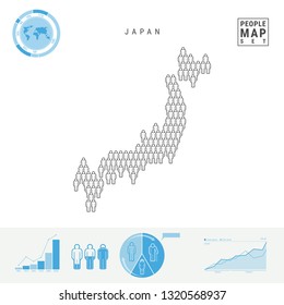 Japan People Icon Map. People Crowd In The Shape Of A Map Of Japan. Stylized Silhouette Of Japan. Population Growth And Aging Infographic Elements. Illustration Isolated On White.