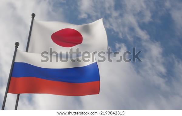 Japan and Russia flags, Blue sky and flag Japan\
and Russia, 3D work and 3D\
image