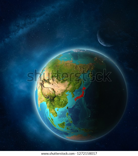 Japan from space on\
planet Earth in space with Moon and Milky Way. Extremely fine\
detail of planet surface. 3D illustration. Elements of this image\
furnished by NASA.