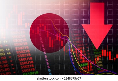 Japan Tokyo Stock Market Crisis Red Price Arrow Down Chart Fall / Nikkei Stock Exchange Analysis Forex Graph Business Money Crisis Moving Down Inflation Deflation With Japan Flag