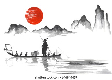 Japan Traditional Japanese Painting Sumi-e Art Japan Traditional Japanese Painting Sumi-e Art Man With Boat