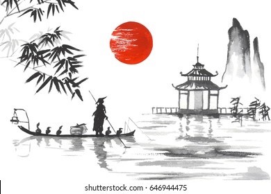 Japan Traditional Japanese Painting Sumie Art Stock Illustration 646944625