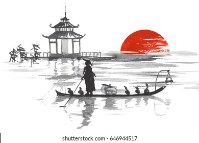 Japan Traditional Japanese Painting Sumie Art Stock Illustration 646944517