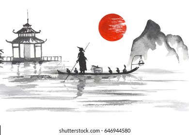 Japan Traditional Japanese Painting Sumie Art Stock Illustration 646944856