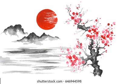 Japan Traditional Japanese Painting Sumi-e Art Sun Mountain Sakura Lake