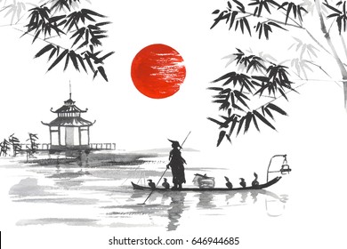 Japan Traditional Japanese Painting Sumi-e Art Japan Traditional Japanese Painting Sumi-e Art Man With Boat