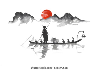 Japan Traditional Japanese Painting Sumie Art Stock Illustration ...