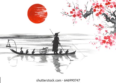 Japan Traditional Japanese Painting Sumi-e Art Japan Traditional Japanese Painting Sumi-e Art Man With Boat