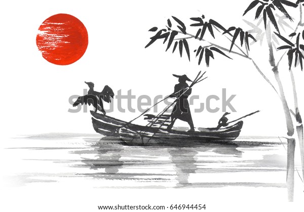 Japan Traditional Japanese Painting Sumie Art Stock Illustration 646944454