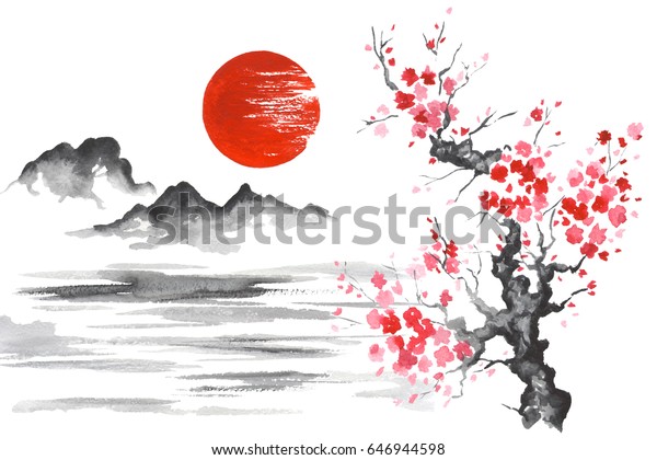 日本伝統画墨絵サンマウンテン桜湖 のイラスト素材 646944598
