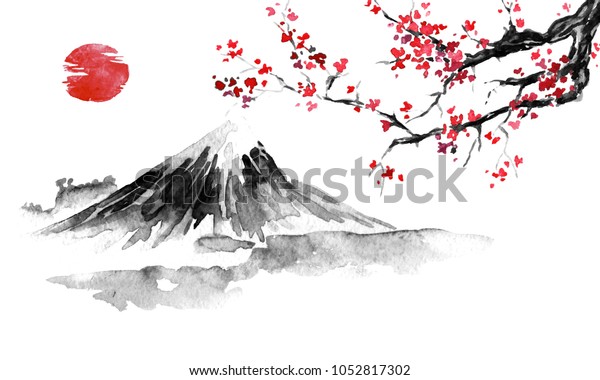 日本の伝統的な墨絵 富士山桜夕日 日本太陽 墨絵 日本の絵 のイラスト素材