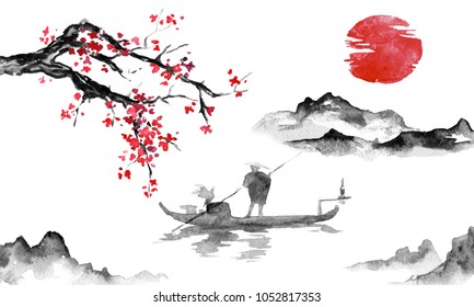 Japan Traditional Japanese Painting Sumie Art Stock Illustration 646944856