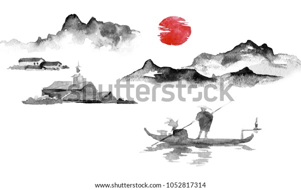 日本の伝統的な墨絵 墨絵 人と船 山の景色 日没 夕暮れ 日本の絵 のイラスト素材