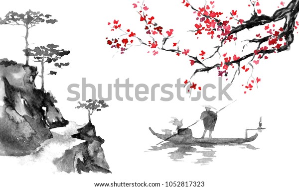 Japan Traditional Sumie Painting Indian Ink Stock Illustration ...