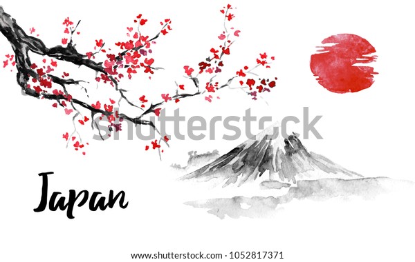 日本の伝統的な墨絵 桜桜桜 富士山 墨絵 日本の絵 のイラスト素材