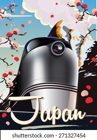 Japan Train Travel Poster With Mountains.