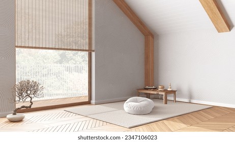 Japandi meditation room in white and beige tones in modern attic, pillows, tatami mats and window. Wooden beams and parquet floor. Minimalist interior design, 3d illustration - Powered by Shutterstock