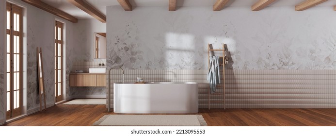 Japandi Minimalist Bathroom In White And Beige Tones. Bathtub And Wooden Washbasin. Panoramic View, Wall Mockup With Wallpaper. Farmhouse Interior Design, 3d Illustration