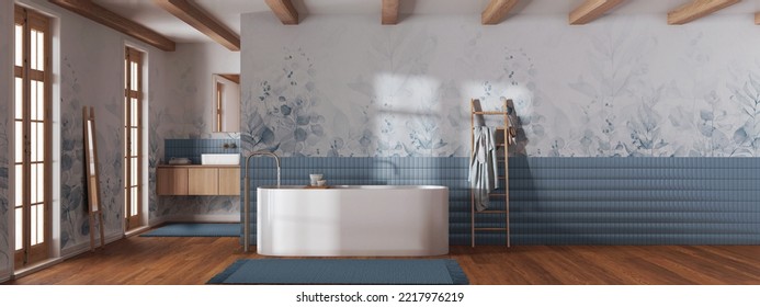 Japandi Minimalist Bathroom In White And Blue Tones. Bathtub And Wooden Washbasin. Panoramic View, Wall Mockup With Wallpaper. Farmhouse Interior Design, 3d Illustration