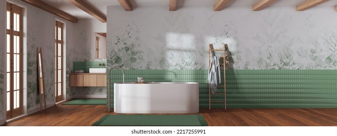 Japandi Minimalist Bathroom In White And Green Tones. Bathtub And Wooden Washbasin. Panoramic View, Wall Mockup With Wallpaper. Farmhouse Interior Design, 3d Illustration