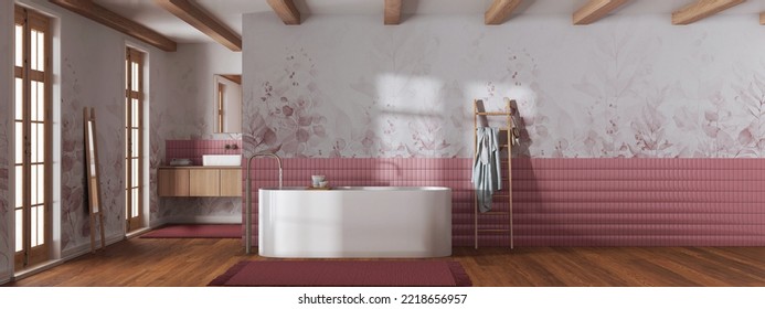 Japandi Minimalist Bathroom In White And Red Tones. Bathtub And Wooden Washbasin. Panoramic View, Wall Mockup With Wallpaper. Farmhouse Interior Design, 3d Illustration