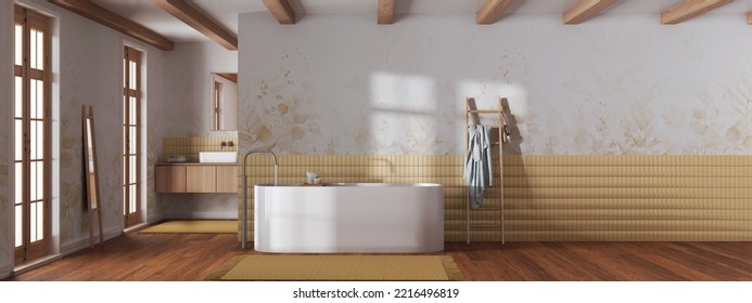 Japandi Minimalist Bathroom In White And Yellow Tones. Bathtub And Wooden Washbasin. Panoramic View, Wall Mockup With Wallpaper. Farmhouse Interior Design, 3d Illustration