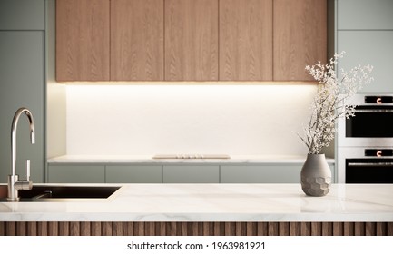 japandi modern scandinavian style apartment interior  kitchen design  decoration and green pastel counter   wooden cabinet  marble counter top  3d rendering close up kitchen counter interior 
